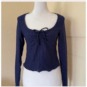 Cotton On Pointelle Tie Front Top Womens Small Navy Blue Long Sleeve Fairycore